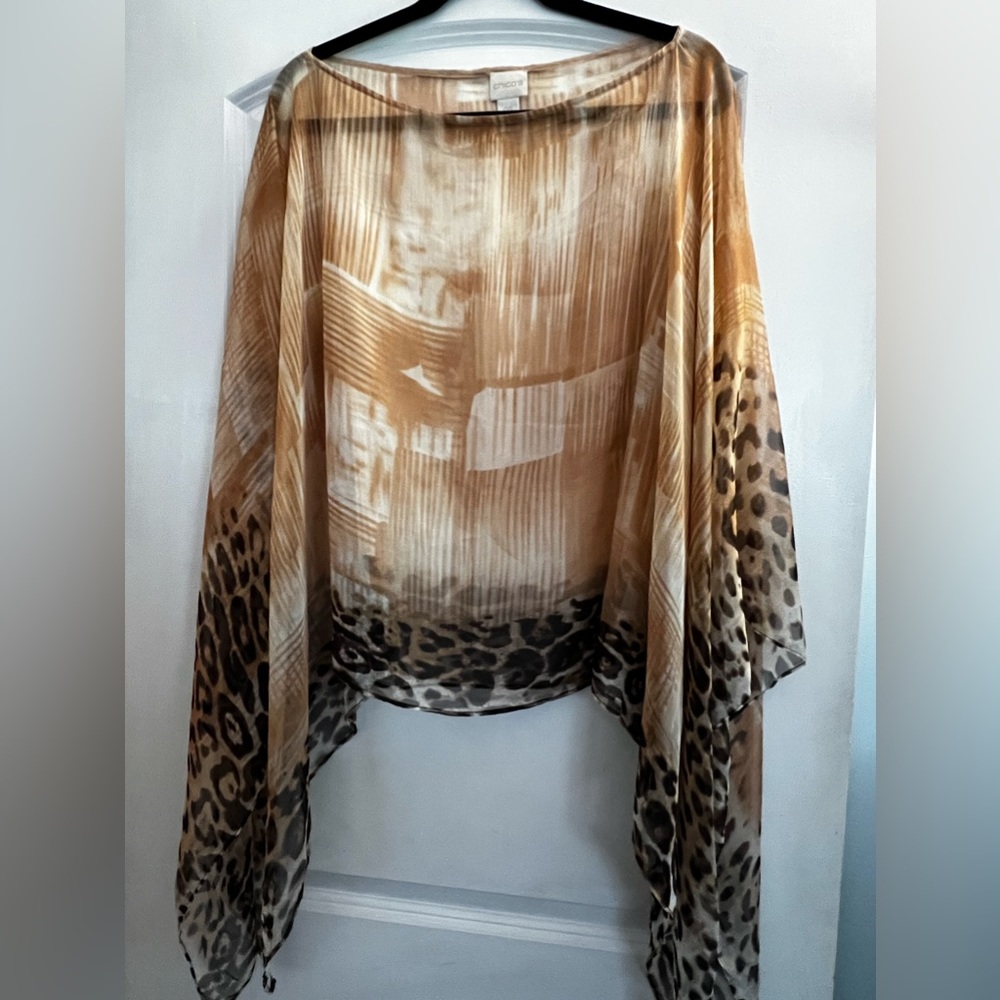 Chico’s lightweight poncho, tan with black leopard print edge
